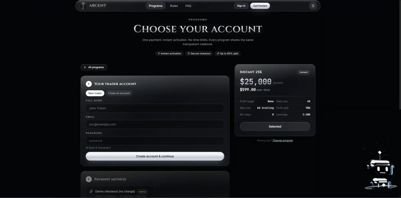 ARGENT checkout with account creation form
