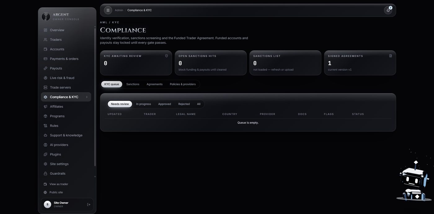 ARGENT compliance and KYC page