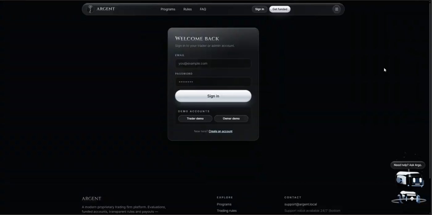 ARGENT sign-in page with demo accounts