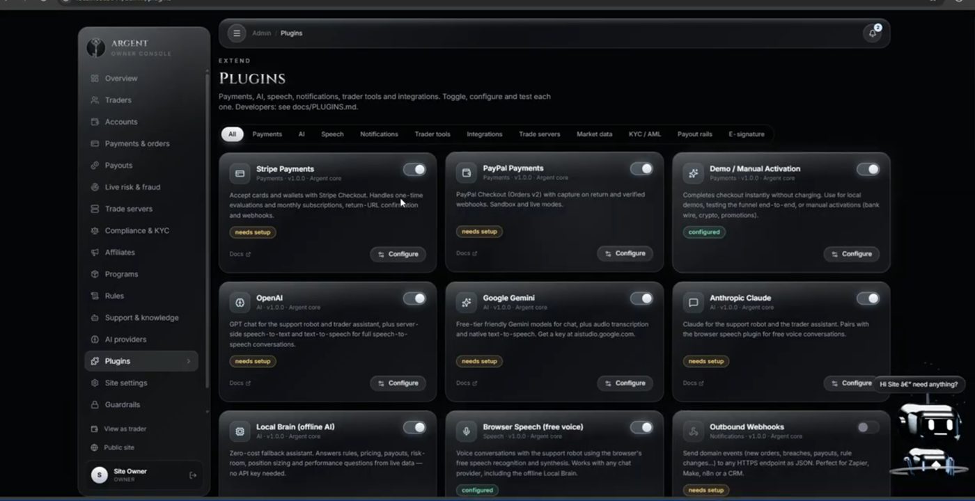 ARGENT plugin settings for payments and AI