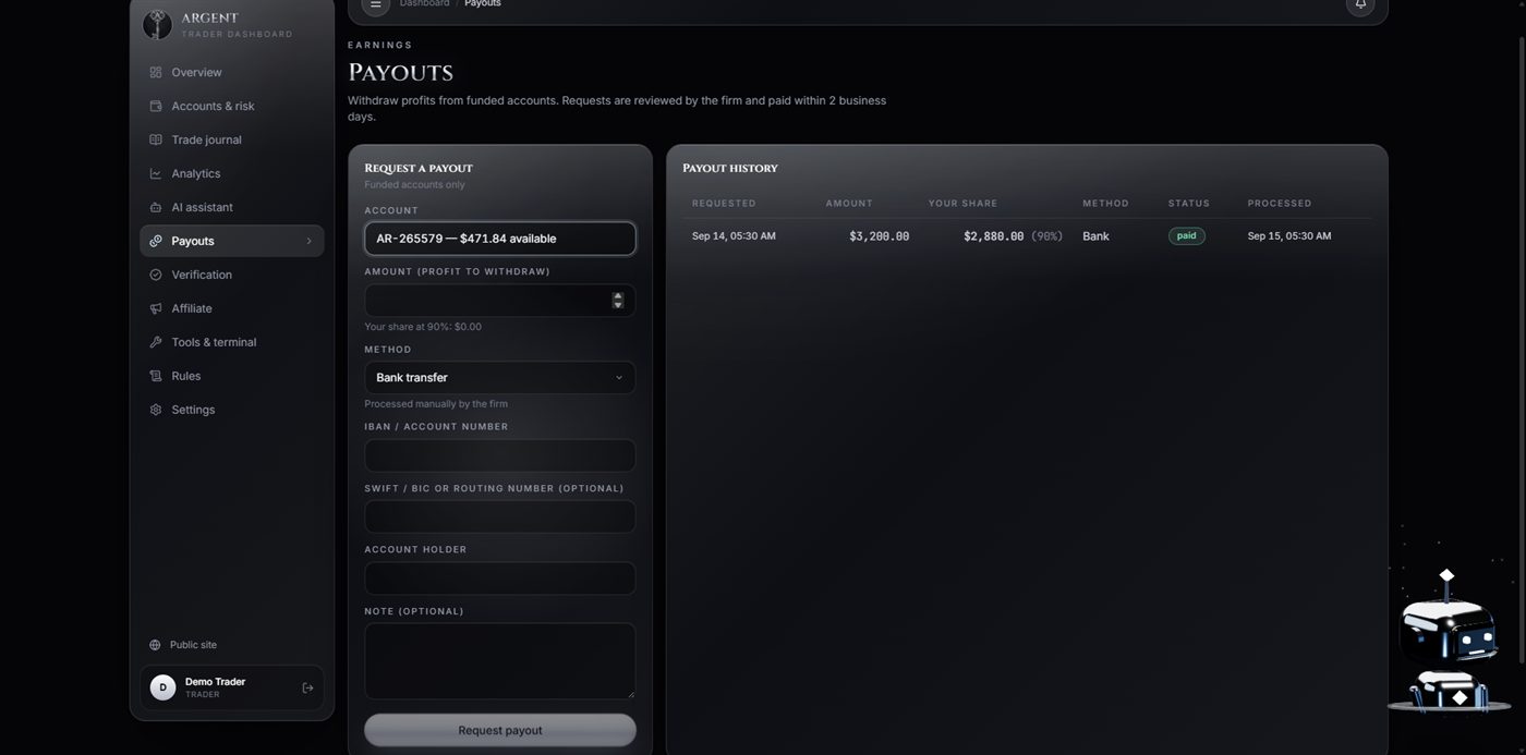 ARGENT payouts page