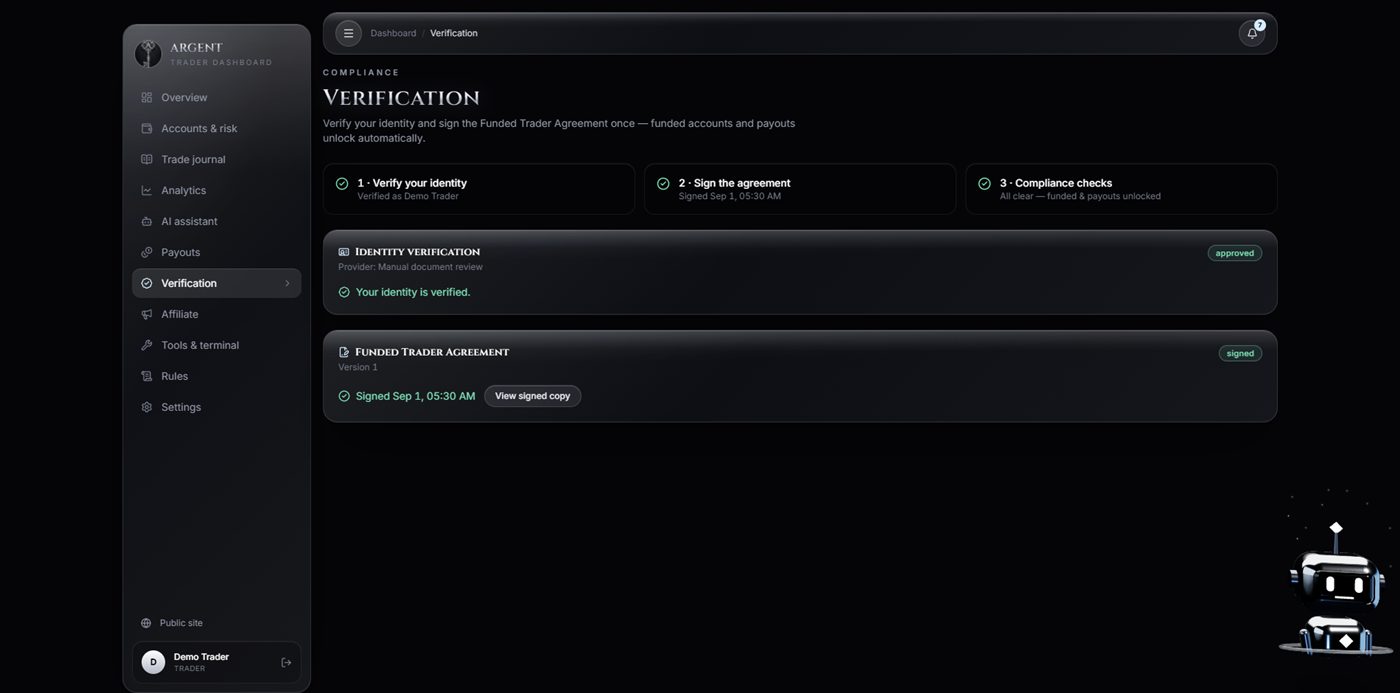 ARGENT verification page — identity and agreement